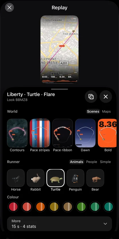 The Replay look picker in Zonova, with worlds, runners and colours